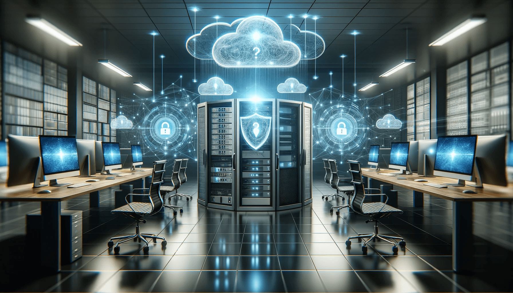 DALL·E 2023-11-18 16.20.40 - A modern office environment with advanced cybersecurity features prominently displayed. The scene includes sleek computers and servers, all connected .png